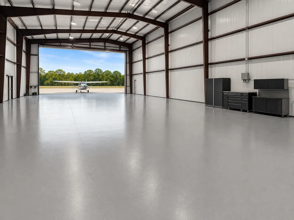 Smooth durable epoxy floor across a Peachtree Corners airplane hangar
