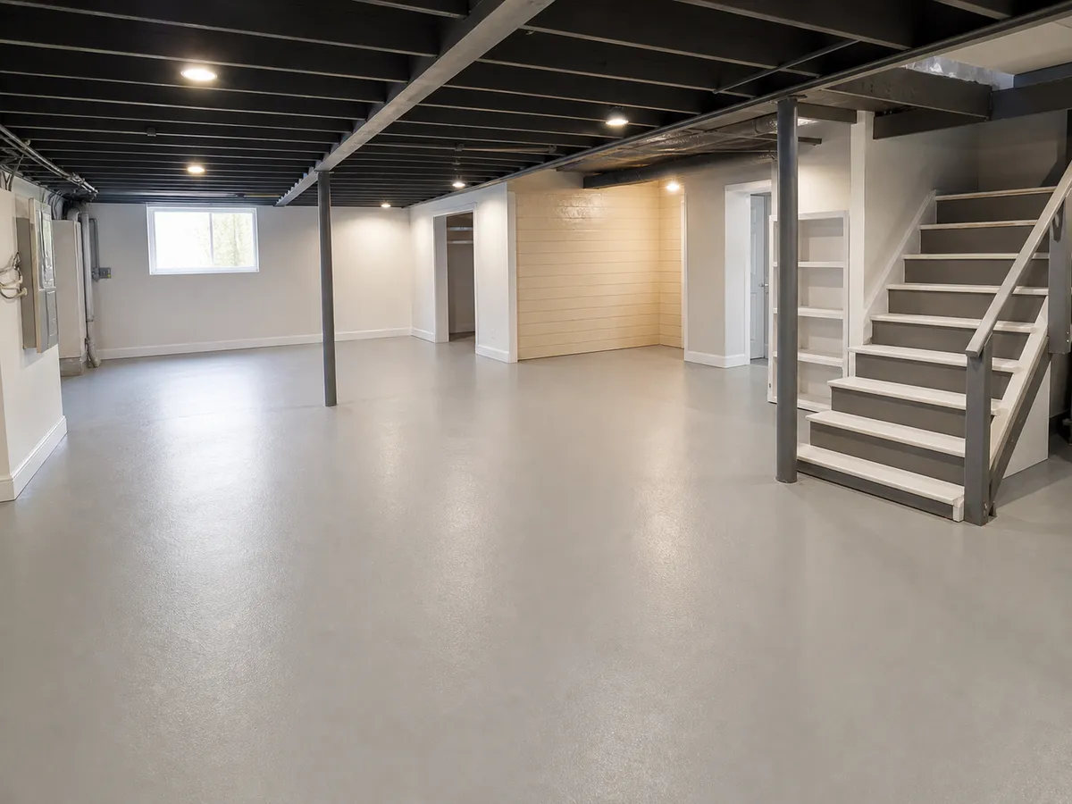Light gray coated basement floor in a Roswell home