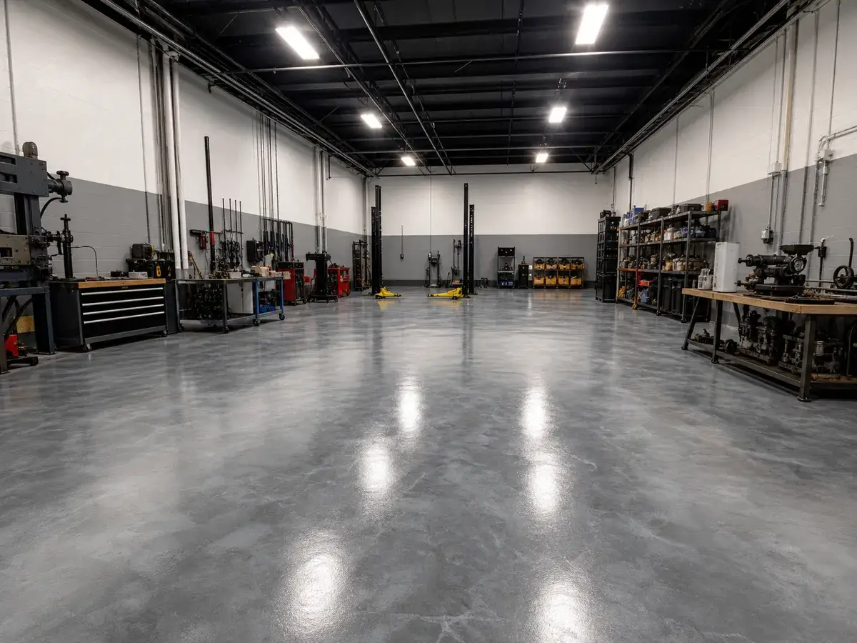 Gray epoxy floor in a high-use Atlanta commercial workspace