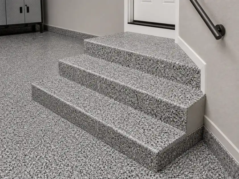 Matching decorative flake coating on garage steps in Alpharetta