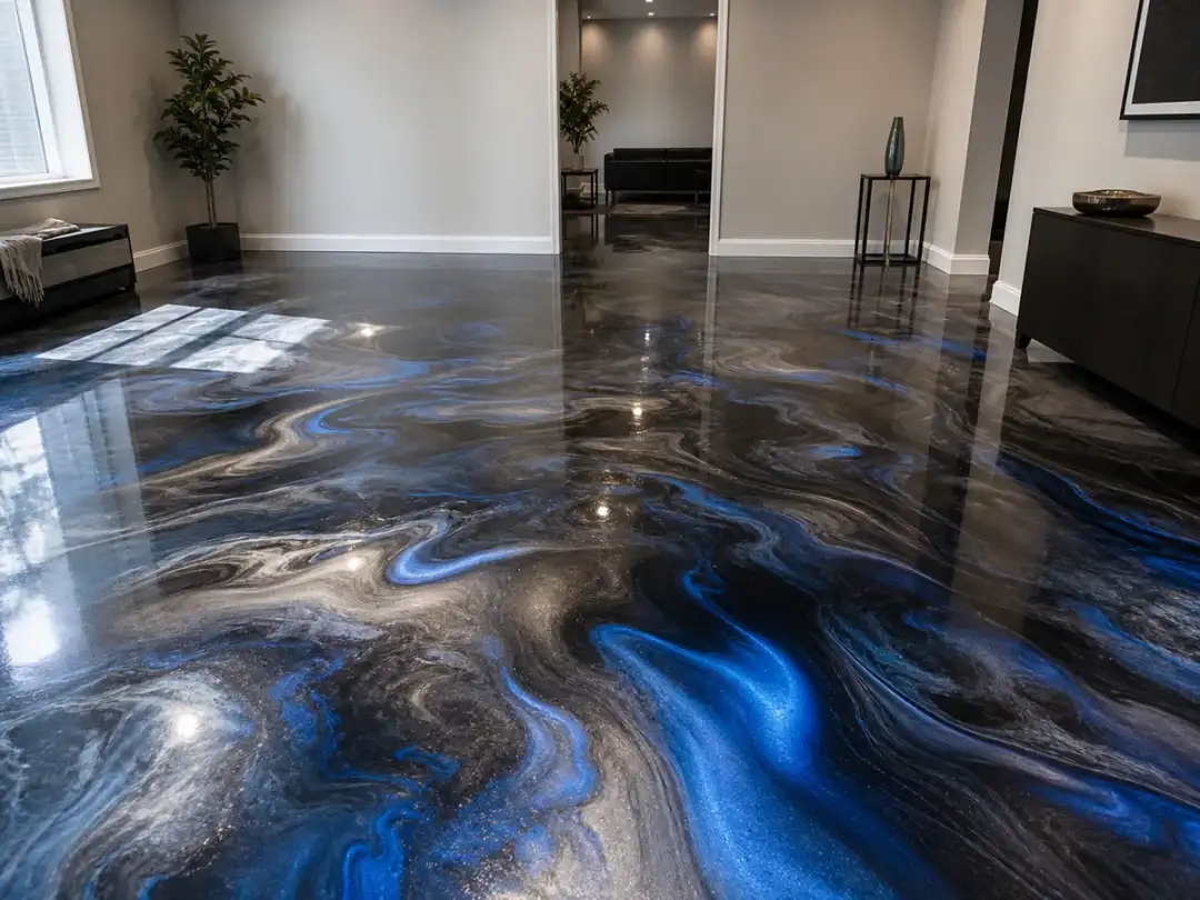 Black-and-blue metallic epoxy floor with flowing movement in Sandy Springs