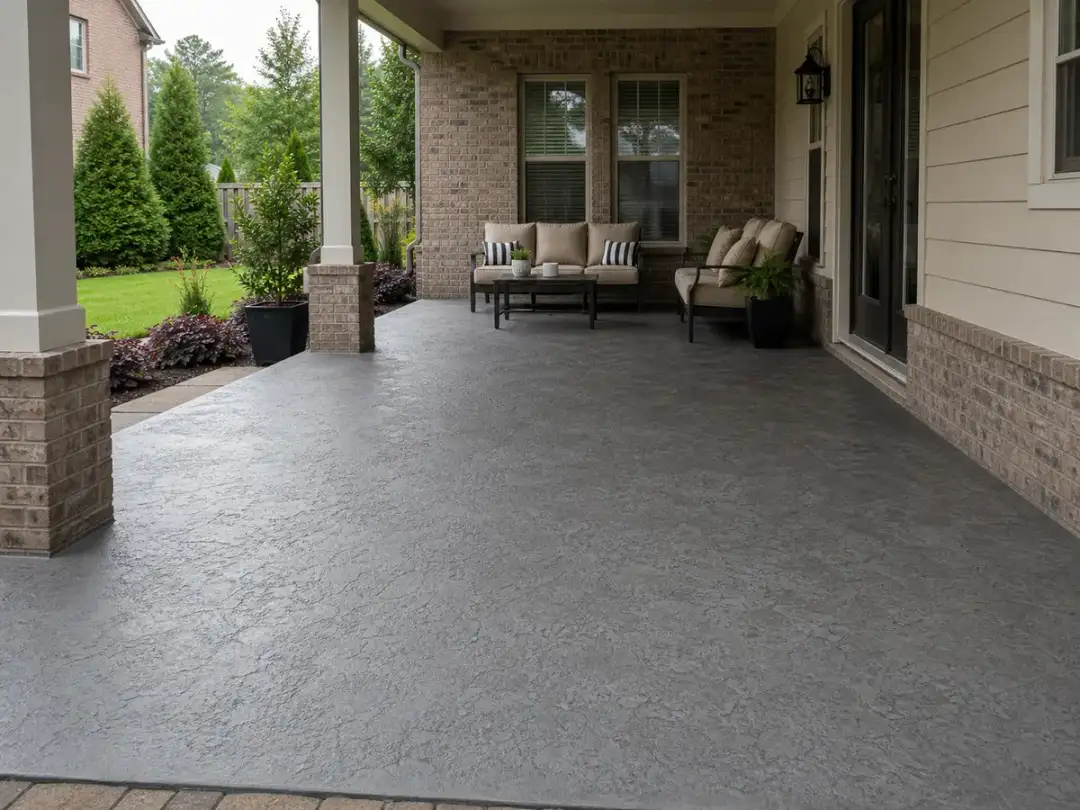 Textured gray concrete coating applied to an Alpharetta patio