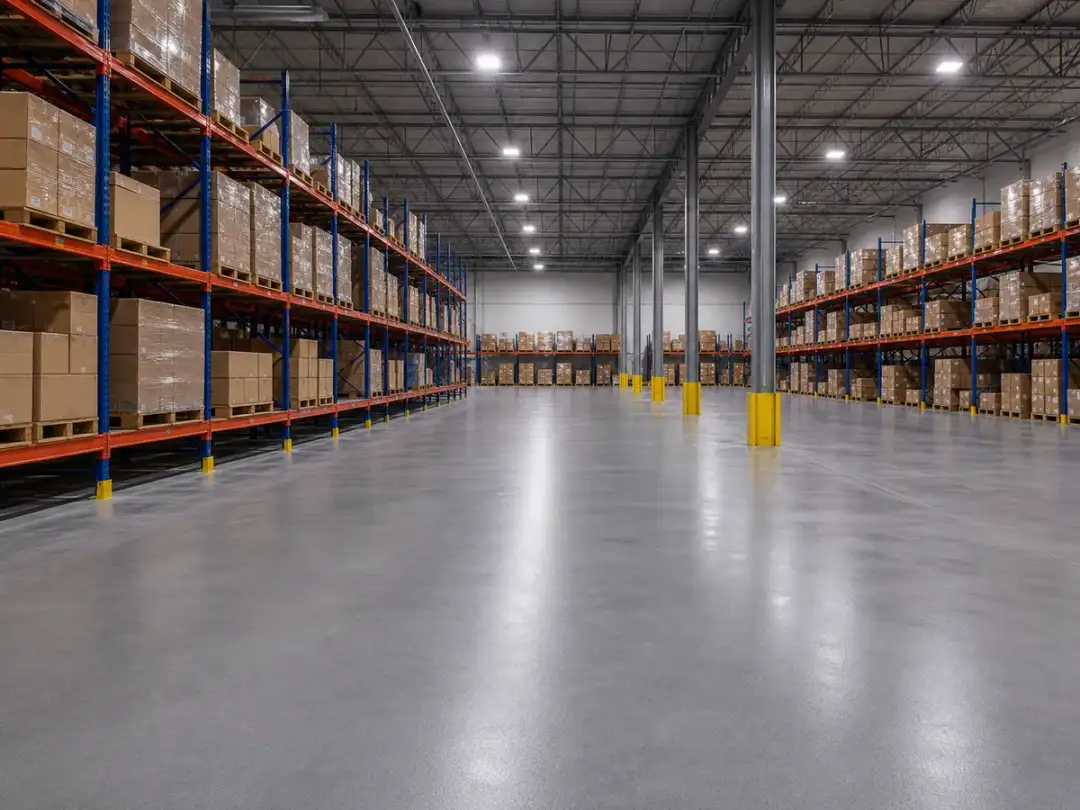 Heavy-use gray epoxy coating across a Norcross warehouse floor